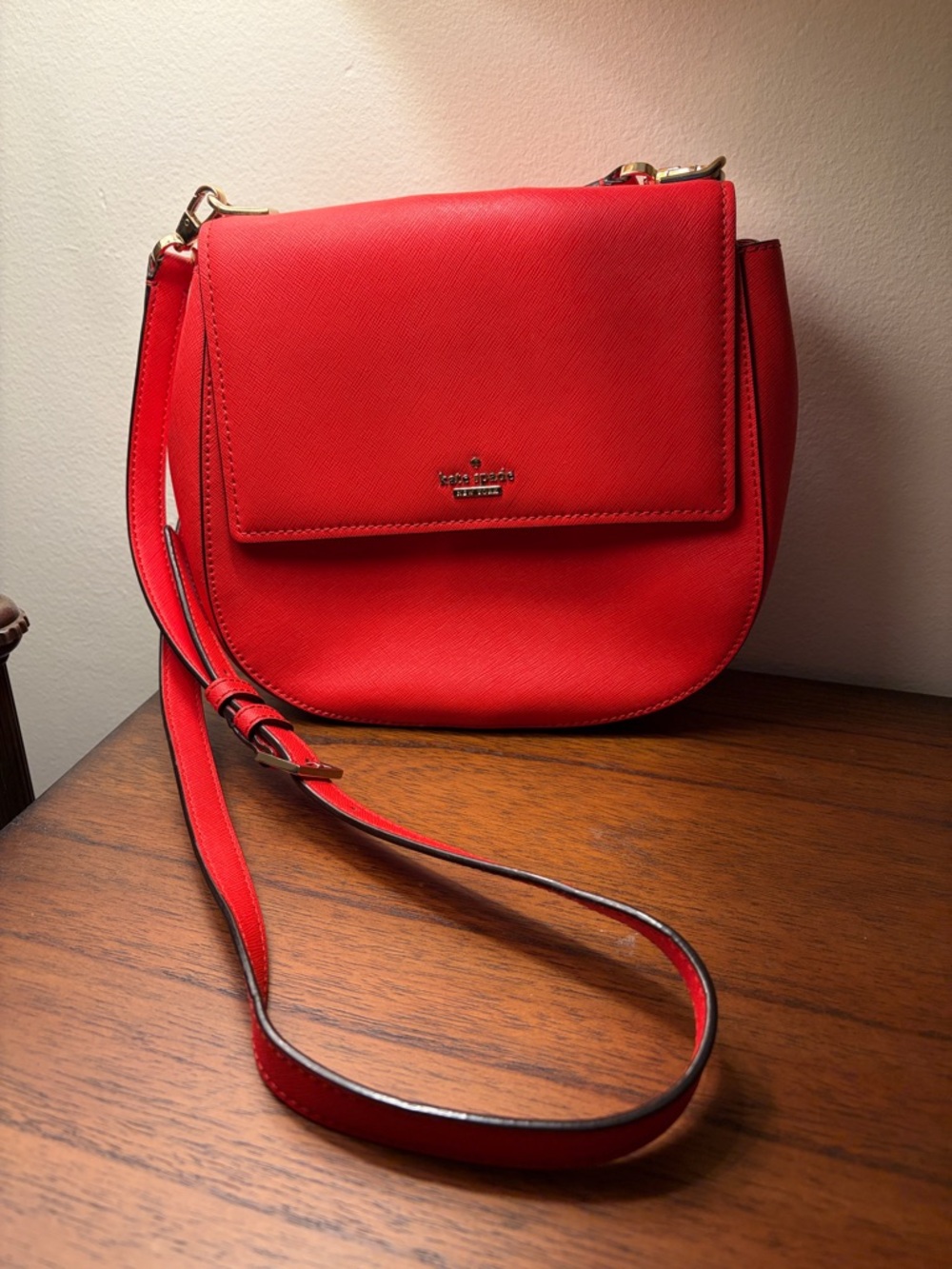 Kate Spade Red Saffiano Crossbody Saddle Bag with Gold Hardware